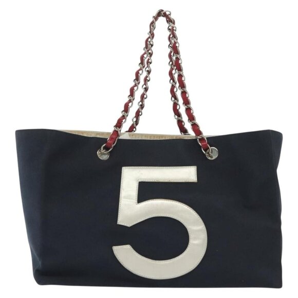 CHANEL Choco Bar Line Chain Tote Bag Canvas Navy Silver CC Auth - Picture 3 of 16